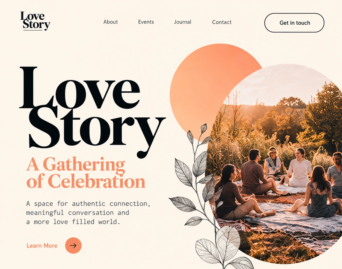 Illustrative Love Story Gathering website preview with warm peach typography and an outdoor gathering.