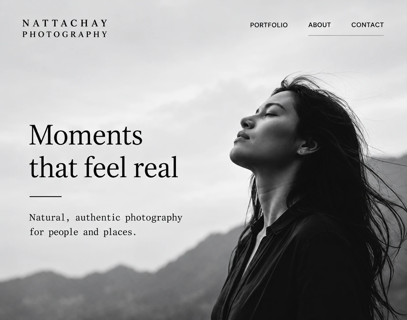 Illustrative Nattachay Photography website preview featuring a monochrome portrait and minimal typography.